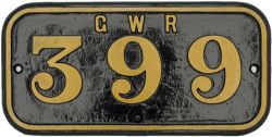 GWR cast iron cabside numberplate 399 ex Taff Vale Railway Class A 0-6-2 T built by Hawthorn, Leslie