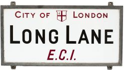 Motoring road street sign CITY OF LONDON LONG LANE EC1. China glass with original zinc plated