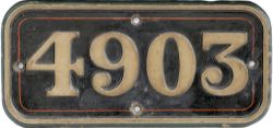 GWR brass cabside numberplate 4903 ex Collett 4-6-0 Hall ASTLEY HALL. See previous lot for