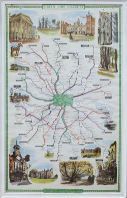 Poster GREEN LINE COACHES ROUTE MAP POSTER. Double Royal 25in x 40in. Shows map of all the routes