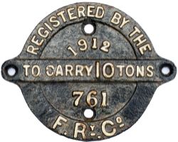 Furness Railway cast iron wagon registration plate REGISTERED BY THE F.R.Y CO 761 1912 TO CARRY 10