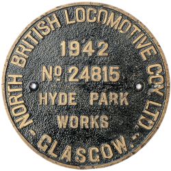 Worksplate NORTH BRITISH LOCOMOTIVE COY LTD HYDE PARK WORKS GLASGOW No24815 1942 ex Stanier 8F