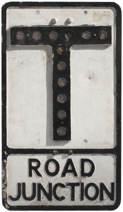 Motoring road sign cast aluminium ROAD JUNCTION (T) with ROYAL LABEL FACTORY cast into front, and