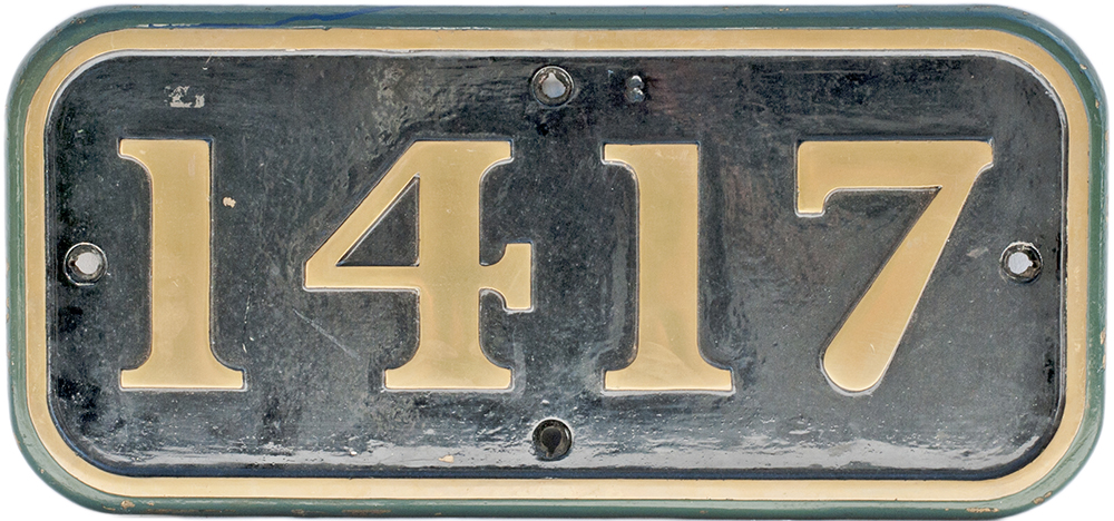 GWR brass cabside numberplate 1417 ex Collett 0-4-2 T built at Swindon in 1933 as 4817 and