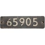 Smokebox numberplate 65905 ex LNER Gresley J38 0-6-0 built at Darlington in 1926. Shedded at