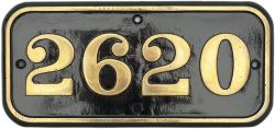 GWR brass cabside numberplate 2620 ex Dean Aberdare 2-6-0 built at Swindon in 1903. Withdrawn from