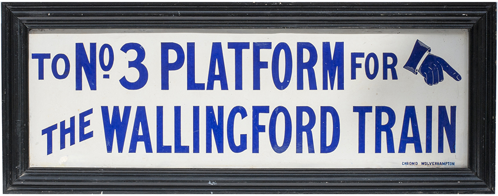 GWR enamel sign TO No3 PLATFORM FOR THE WALLINGFORD TRAIN with downward pointing hand. In good