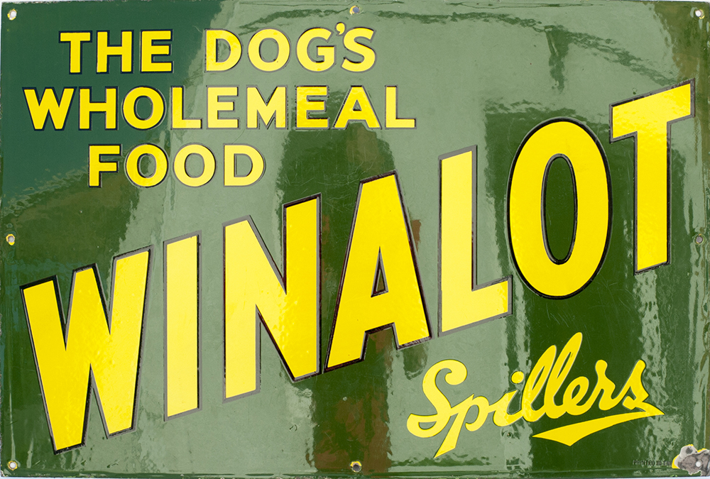 Advertising enamel sign SPILLERS WINALOT THE DOG'S WHOLEMEAL FOOD. In excellent condition with one