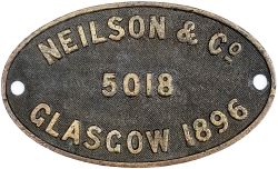 Worksplate NEILSON & CO GLASGOW 5018 1896 ex GNR Class J53 numbered GNR 1047 LNER 4047, 8784 and