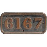 GWR cast iron cabside numberplate 6167 ex Collett 2-6-2 T built at Swindon in 1935. Shedded at 81B