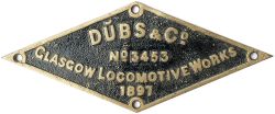 Worksplate DUBS & CO GLASGOW LOCOMOTIVE WORKS No3453 1897. Ex Cape Government Railways 3 ft 6 inch