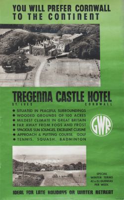 Poster GWR TREGENNA CASTLE HOTEL CORNWALL. Photographic with 2 views of the hotel. Double Royal 25in