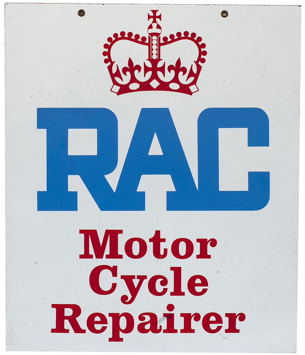 Motoring advertising double sided sign RAC MOTORCYCLE REPAIRER. Measures 25in x 20.5in and both
