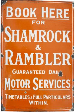 Bus motoring enamel sign BOOK HERE FOR SHAMROCK & RAMBLER GUARANTEED DAILY MOTOR SERVICES. In good