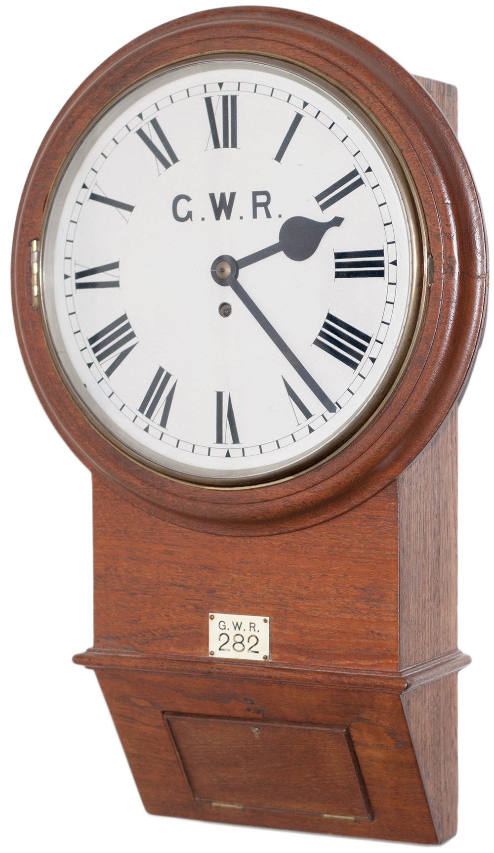 Great Western Railway 12in dial teak cased drop dial railway clock with a chain driven English fusee