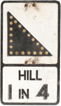 Motoring road sign HILL 1 IN 4. Pressed aluminium with cast numbers and hill. In original