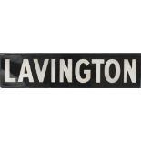 GWR enamel lamp tablet LAVINGTON, white on black enamel, with original backing board. Measures