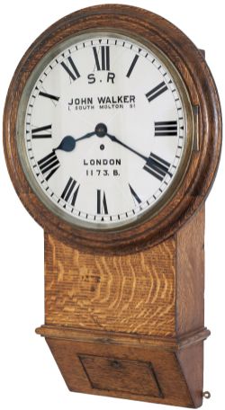 London Brighton & South Coast Railway 14in dial oak cased drop dial railway clock with a chain