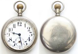 Taff Vale Railway nickel cased pocket watch with Swiss movement. The rear of the case is engraved