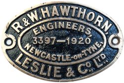 Worksplate R&W HAWTHORN LESLIE & CO LTD ENGINEERS NEWCASTLE-ON-TYNE 3397 1920 ex Taff Vale Railway A