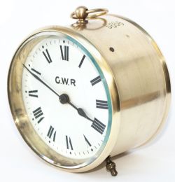 Great Western Railway brass drum clock with 3.5in enamelled dial hand painted GWR. The case is