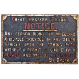 GWR cast iron sign GREAT WESTERN RAILWAY. NOTICE ANY PERSON RIDING OR WHEELING A BICYCLE OR ANY