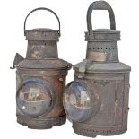 A pair of Victorian large signal lamp cases, one is brass plated UP MAIN. Both are in original