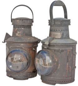 A pair of Victorian large signal lamp cases, one is brass plated UP MAIN. Both are in original