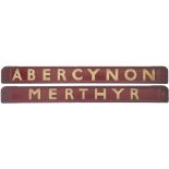 GWR/BR-W wooden carriage board MERTHYR-ABERCYNON. In very good condition complete with metal ends.