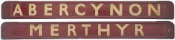 GWR/BR-W wooden carriage board MERTHYR-ABERCYNON. In very good condition complete with metal ends.