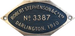 Worksplate ROBERT STEPHENSON & CO LTD DARLINGTON No3387 1910 ex Taff Vale Railway A Class 0-6-2 T