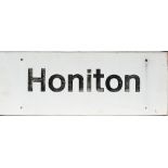 BR modern image station sign HONITON. Screen printed aluminium measuring 30in x 11.5in. In good ex