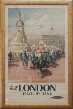 Poster BR(W) VISIT LONDON TRAVEL BY TRAIN by Gordon Nichol. Double Royal 25in x 40in. Has been