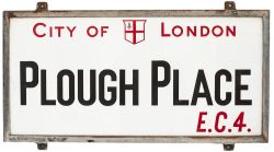 Motoring road street sign CITY OF LONDON PLOUGH PLACE EC4. China glass with original zinc plated