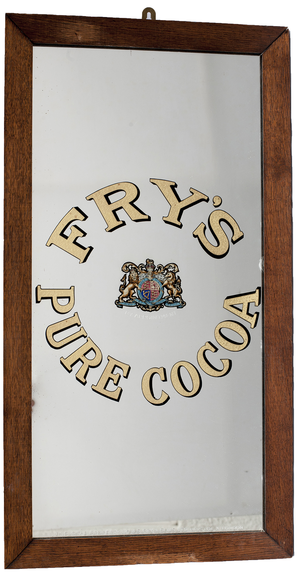 Advertising mirror FRY'S PURE COCOA with Royal Warrant Crest to the centre. In original oak frame