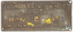 Diesel worksplate THE ENGLISH ELECTRIC COMPANY LTD LONDON. DICK KERR WORKS PRESTON ENGLAND No 1904