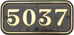 GWR brass cabside numberplate 5037 ex Collett 4-6-0 Castle MONMOUTH CASTLE built at Swindon in 1935.