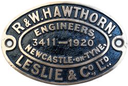 Worksplate R&W HAWTHORN LESLIE & CO LTD ENGINEERS NEWCASTLE-ON-TYNE 3411 1920 ex Taff Vale Railway A