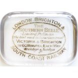 LBSCR glass paperweight reverse engraved underneath LONDON BRIGHTON & SOUTH COAST RAILWAY THE