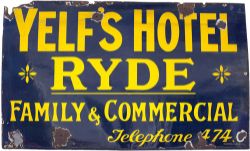 Advertising enamel sign YELFS HOTEL RYDE FAMILY AND COMMERCIAL. Ex Isle Of Wight. Measures 50in x
