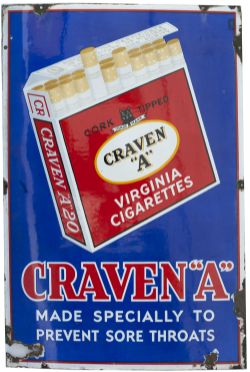 Advertising enamel sign CRAVEN A VIRGINIA CIGARETTES MADE SPECIALLY TO PREVENT SORE THROATS. Good