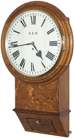 South Eastern Railway 14in dial oak cased drop dial railway clock with chain driven English fusee