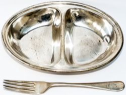 GWR silverplate Vegetable Side Dish and Fork, both marked with GWR twin shield CoA and Birmingham