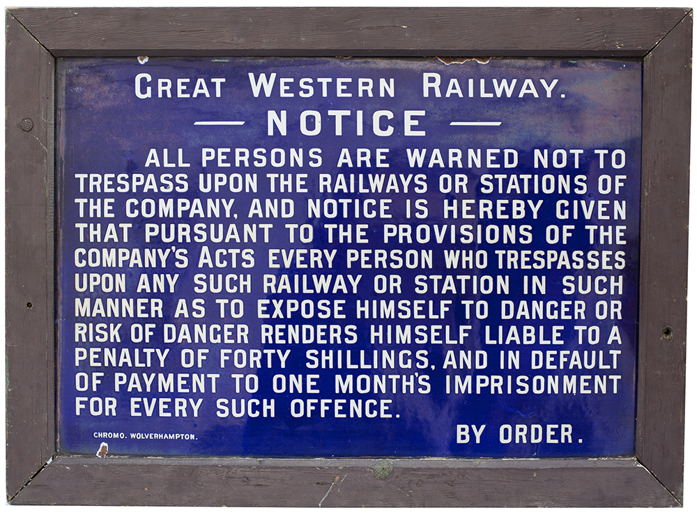 Great Western Railway fully titled enamel TRESPASS sign with original wooden frame. Measures 25in
