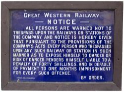 Great Western Railway fully titled enamel TRESPASS sign with original wooden frame. Measures 25in