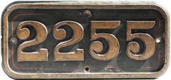 GWR cast iron cabside numberplate 2255 ex Collett 0-6-0 built at Swindon in 1930. Sheds included 89A