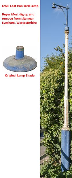 A GWR cast iron yard lamp post complete with frog and electric lamp top complete with enamel