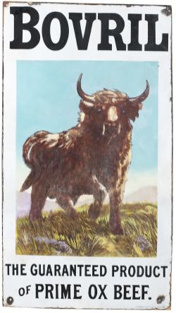 Advertising enamel sign BOVRIL THE GUARANTEED PRODUCT OF PRIME OX BEEF. Pictorial enamel of an Ox.