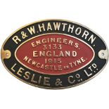 Worksplate R&W HAWTHORN LESLIE & CO LTD ENGINEERS NEWCASTLE ON TYNE 3133 1915. ex 0-6-0 ST