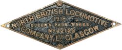 Worksplate NORTH BRITISH LOCOMOTIVE COMPANY LTD GLASGOW QUEENS PARK WORKS No22123 1919 ex Robinson